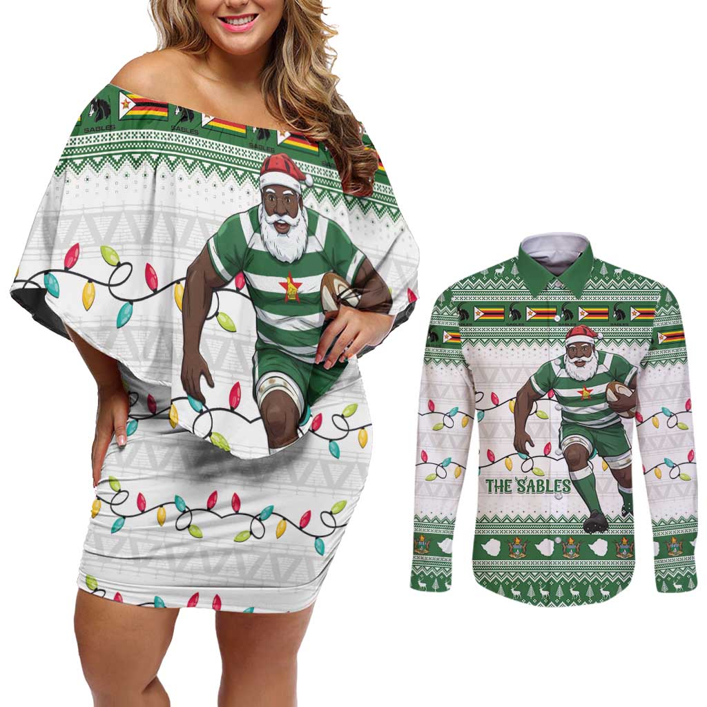 Zimbabwe Rugby Christmas Couples Matching Off Shoulder Short Dress and Long Sleeve Button Shirt The Sables Krismes Yakanaka - Wonder Print Shop