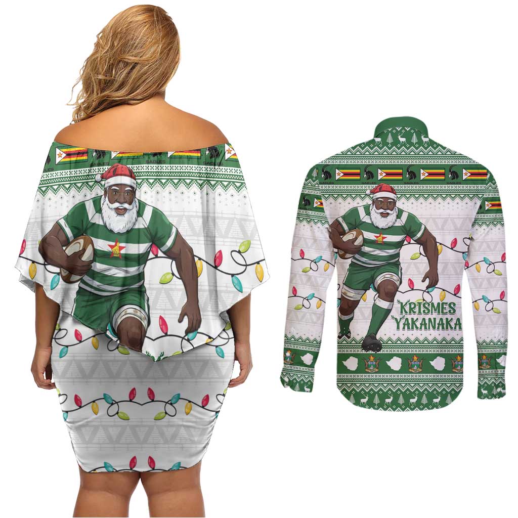 Zimbabwe Rugby Christmas Couples Matching Off Shoulder Short Dress and Long Sleeve Button Shirt The Sables Krismes Yakanaka - Wonder Print Shop