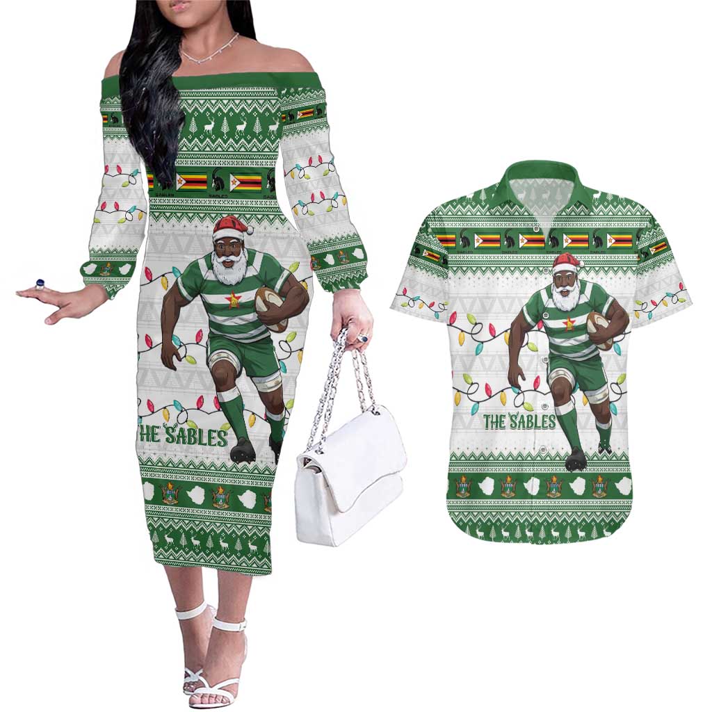 Zimbabwe Rugby Christmas Couples Matching Off The Shoulder Long Sleeve Dress and Hawaiian Shirt The Sables Krismes Yakanaka - Wonder Print Shop