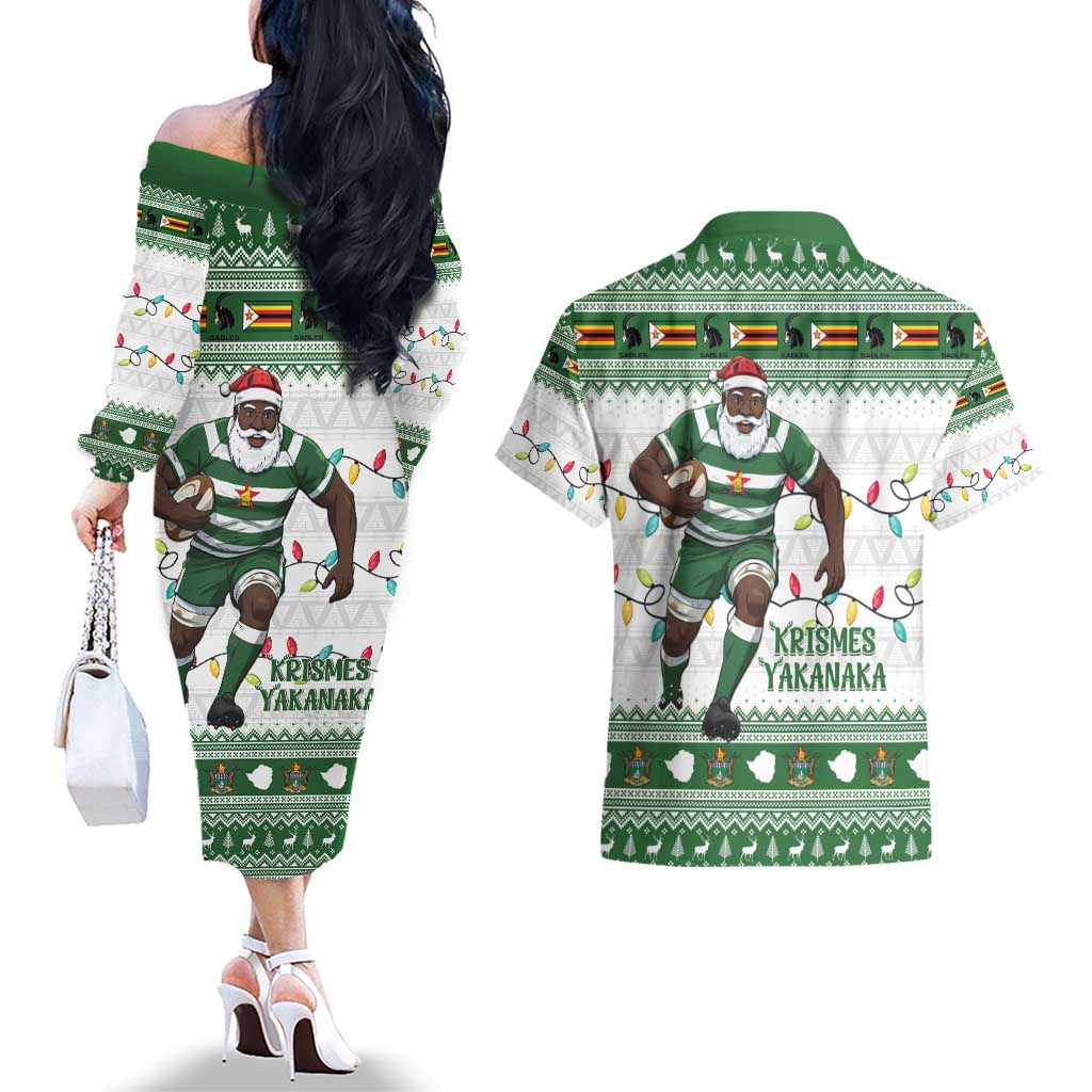 Zimbabwe Rugby Christmas Couples Matching Off The Shoulder Long Sleeve Dress and Hawaiian Shirt The Sables Krismes Yakanaka - Wonder Print Shop