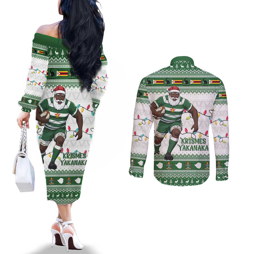 Zimbabwe Rugby Christmas Couples Matching Off The Shoulder Long Sleeve Dress and Long Sleeve Button Shirt The Sables Krismes Yakanaka - Wonder Print Shop