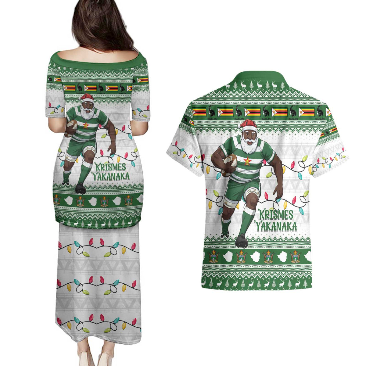 Zimbabwe Rugby Christmas Couples Matching Puletasi and Hawaiian Shirt The Sables Krismes Yakanaka - Wonder Print Shop