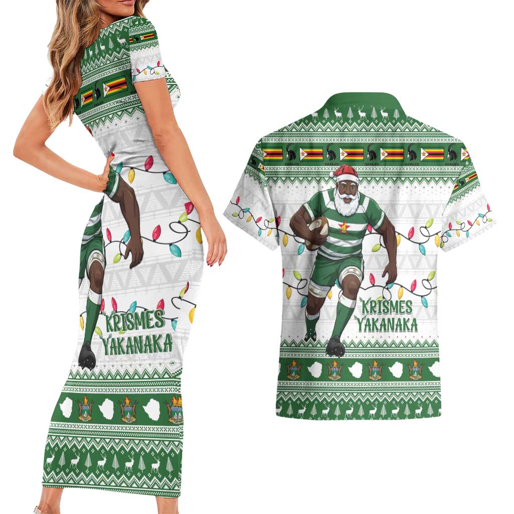 Zimbabwe Rugby Christmas Couples Matching Short Sleeve Bodycon Dress and Hawaiian Shirt The Sables Krismes Yakanaka - Wonder Print Shop