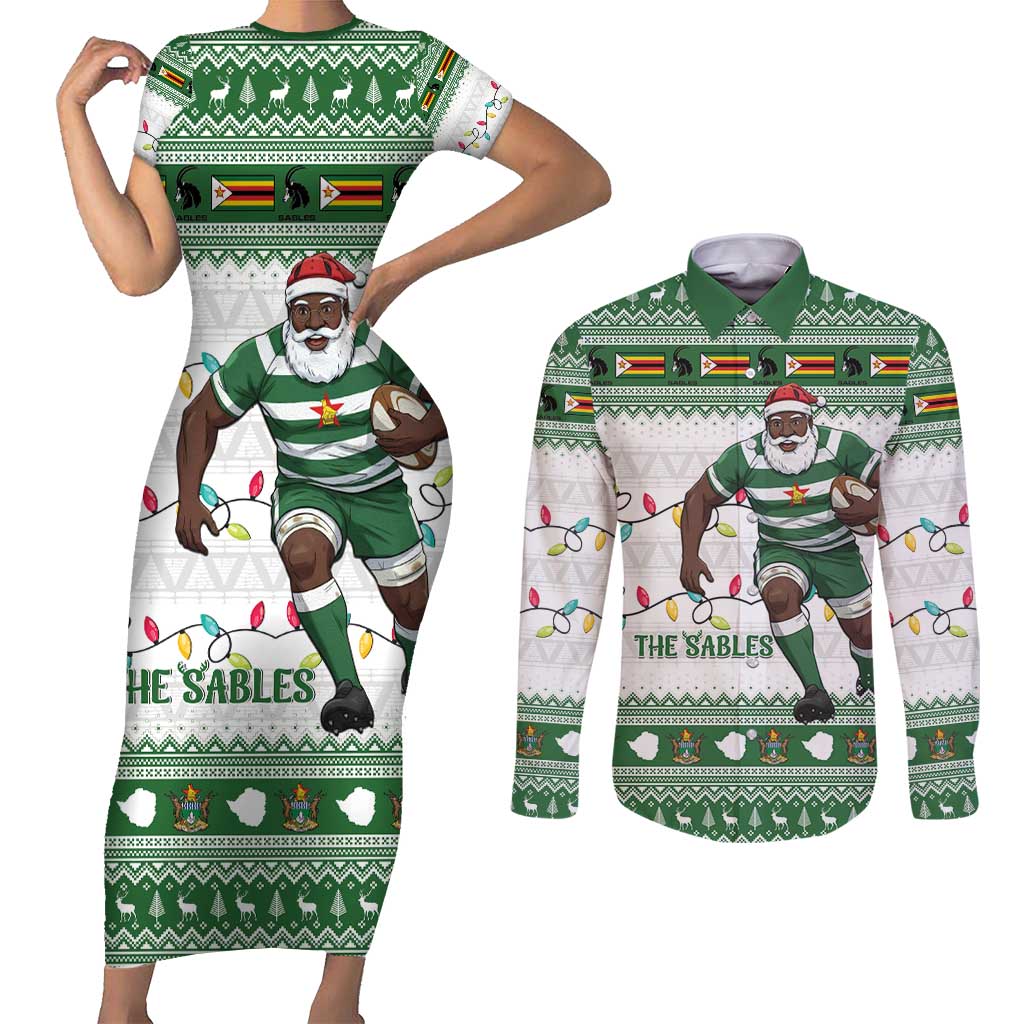 Zimbabwe Rugby Christmas Couples Matching Short Sleeve Bodycon Dress and Long Sleeve Button Shirt The Sables Krismes Yakanaka - Wonder Print Shop