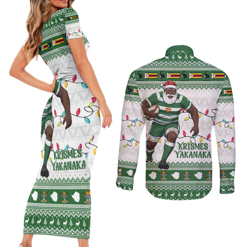 Zimbabwe Rugby Christmas Couples Matching Short Sleeve Bodycon Dress and Long Sleeve Button Shirt The Sables Krismes Yakanaka - Wonder Print Shop