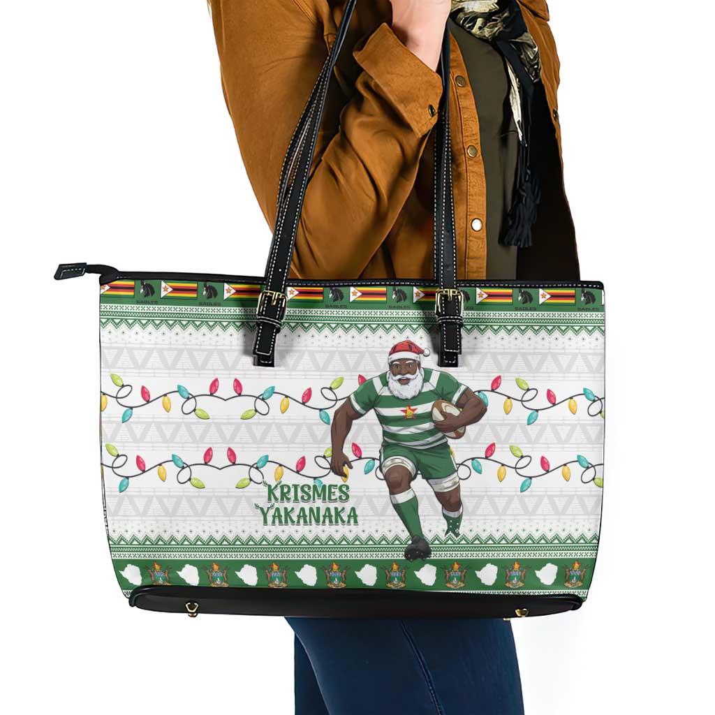 Zimbabwe Rugby Christmas Leather Tote Bag The Sables Krismes Yakanaka - Wonder Print Shop