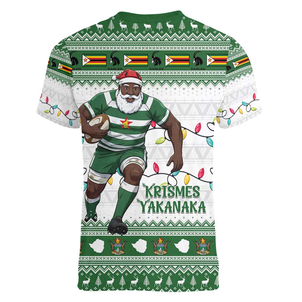 Zimbabwe Rugby Christmas Women V-Neck T-Shirt The Sables Krismes Yakanaka - Wonder Print Shop