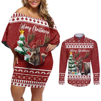 Personalized Canada Christmas Couples Matching Off Shoulder Short Dress and Long Sleeve Button Shirt Merry Christmoose - Wonder Print Shop
