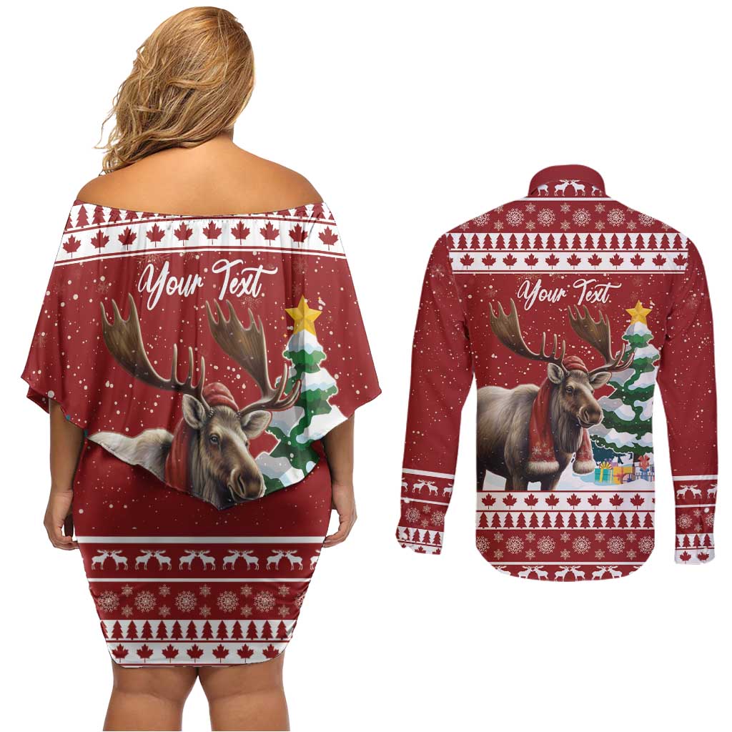 Personalized Canada Christmas Couples Matching Off Shoulder Short Dress and Long Sleeve Button Shirt Merry Christmoose - Wonder Print Shop