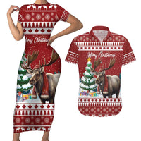 Personalized Canada Christmas Couples Matching Short Sleeve Bodycon Dress and Hawaiian Shirt Merry Christmoose - Wonder Print Shop