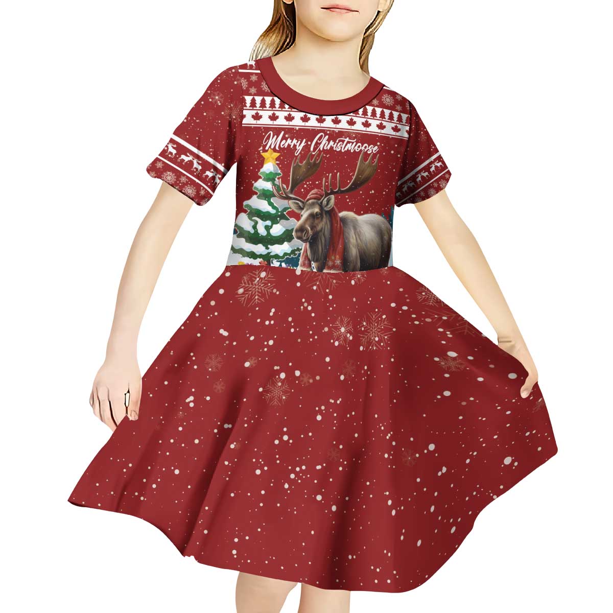 Personalized Canada Christmas Kid Short Sleeve Dress Merry Christmoose - Wonder Print Shop