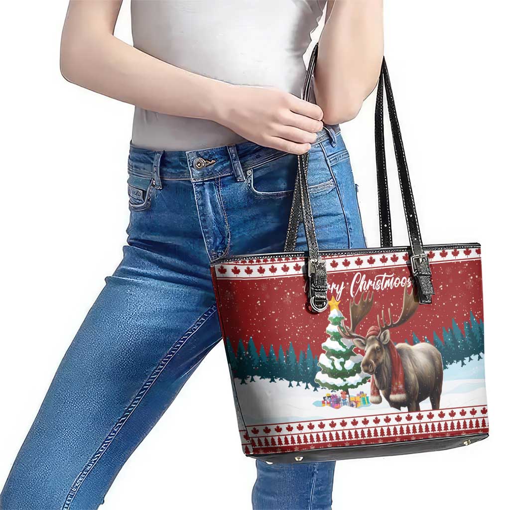Canada Christmas Leather Tote Bag Merry Christmoose - Wonder Print Shop