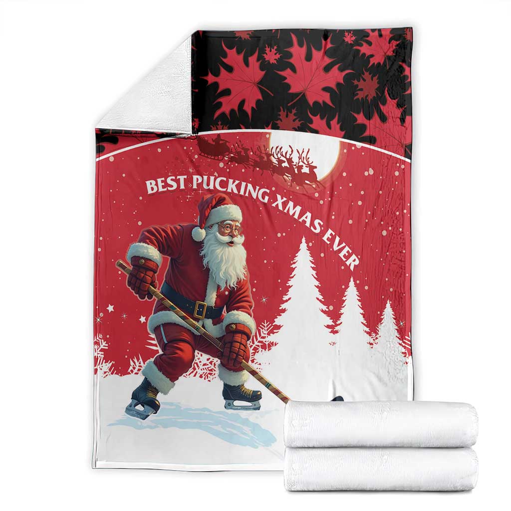 Canada Christmas Blanket Santa Claus Hockey Player - Maple Leaves Pattern