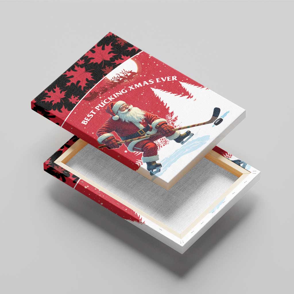 Canada Christmas Canvas Wall Art Santa Claus Hockey Player - Maple Leaves Pattern - Wonder Print Shop