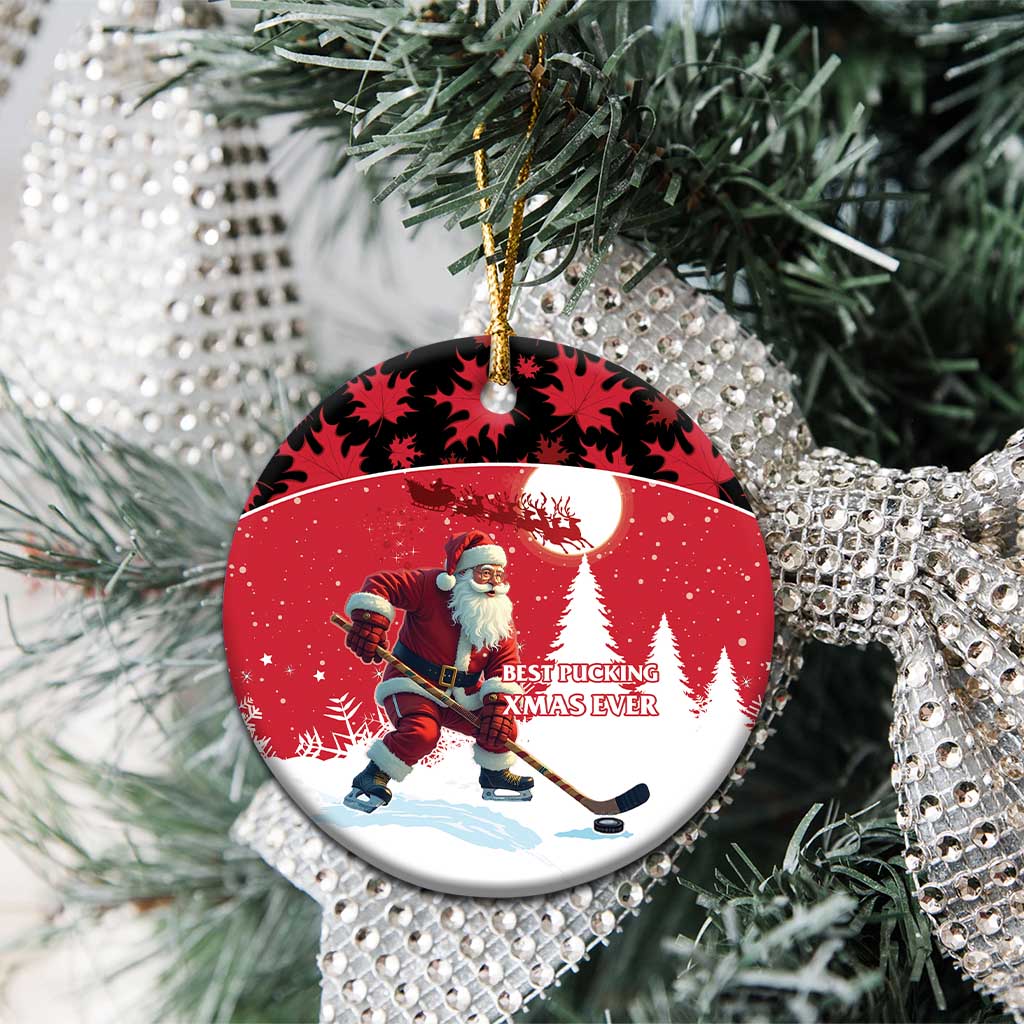 Personalized Canada Christmas Ceramic Ornament Santa Claus Hockey Player - Maple Leaves Pattern - Wonder Print Shop