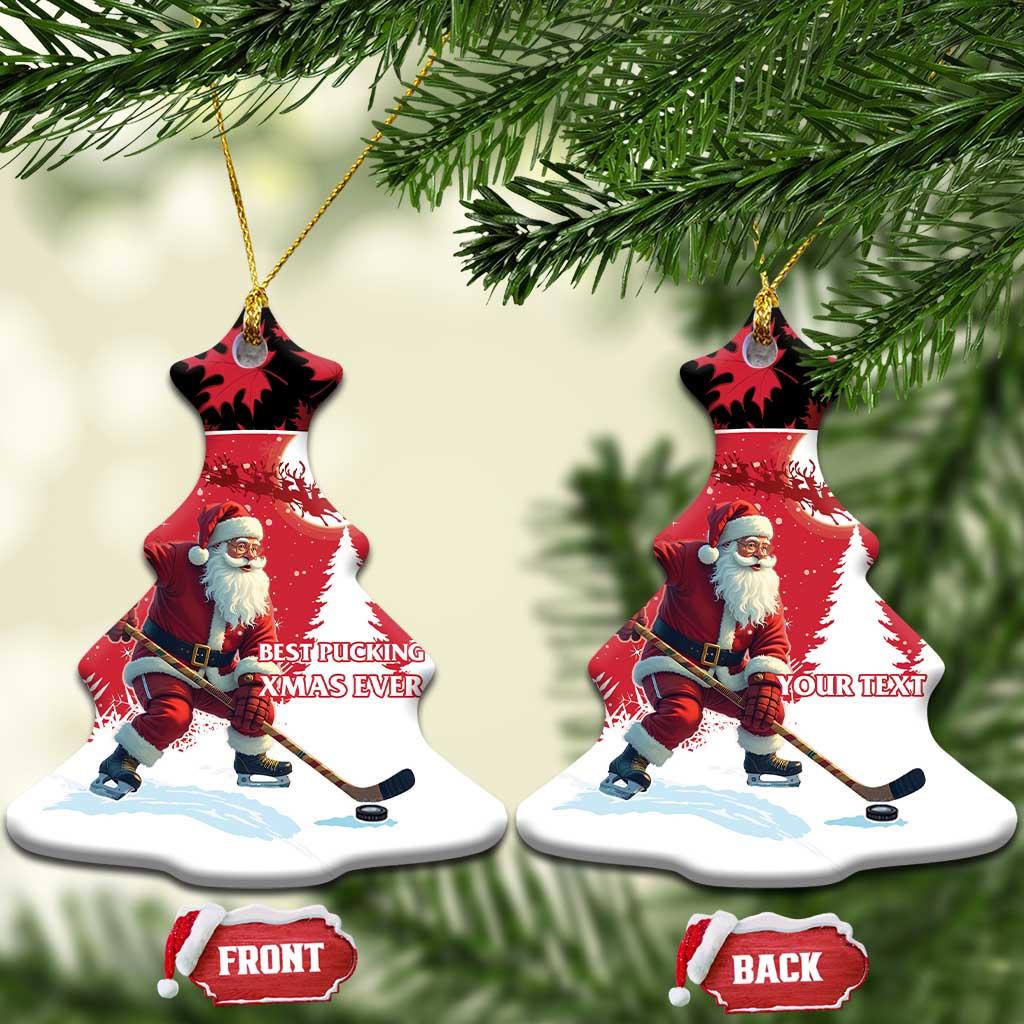 Personalized Canada Christmas Ceramic Ornament Santa Claus Hockey Player - Maple Leaves Pattern - Wonder Print Shop