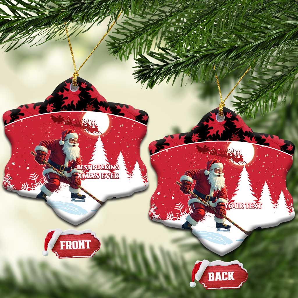 Personalized Canada Christmas Ceramic Ornament Santa Claus Hockey Player - Maple Leaves Pattern - Wonder Print Shop