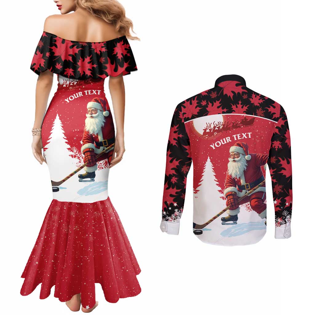 Personalized Canada Christmas Couples Matching Mermaid Dress and Long Sleeve Button Shirt Santa Claus Hockey Player - Maple Leaves Pattern