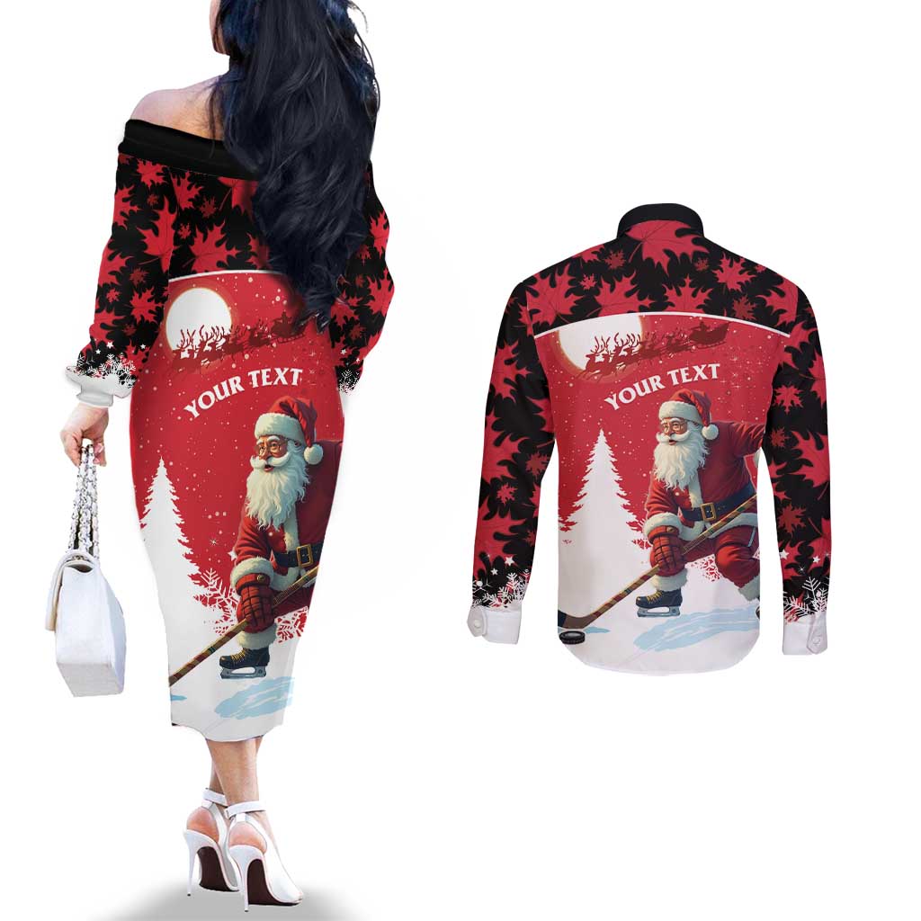 Personalized Canada Christmas Couples Matching Off The Shoulder Long Sleeve Dress and Long Sleeve Button Shirt Santa Claus Hockey Player - Maple Leaves Pattern