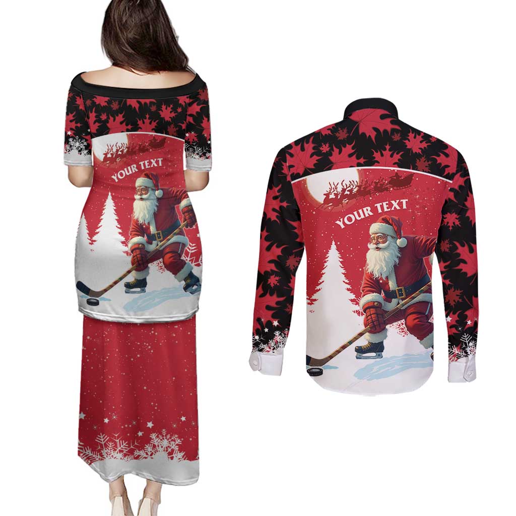 Personalized Canada Christmas Couples Matching Puletasi and Long Sleeve Button Shirt Santa Claus Hockey Player - Maple Leaves Pattern - Wonder Print Shop