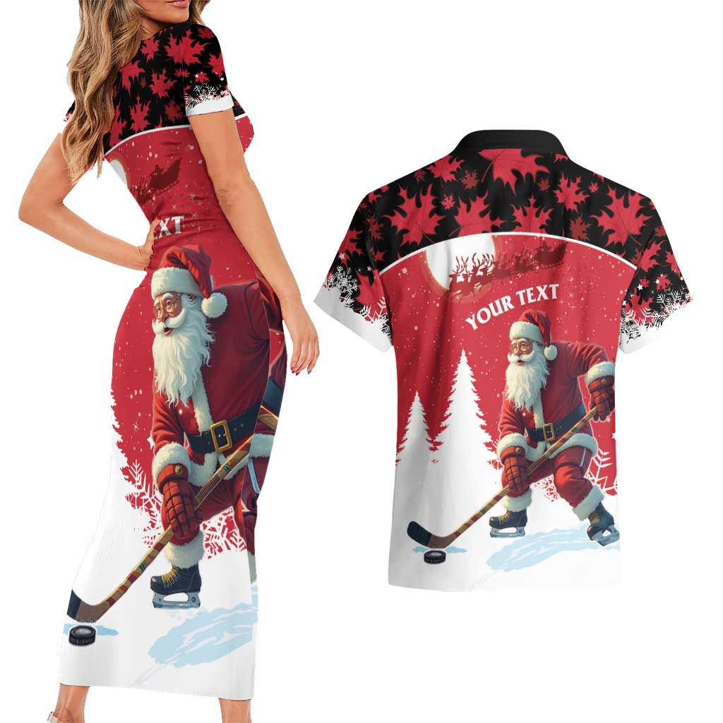 Personalized Canada Christmas Couples Matching Short Sleeve Bodycon Dress and Hawaiian Shirt Santa Claus Hockey Player - Maple Leaves Pattern - Wonder Print Shop