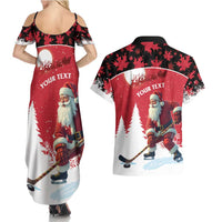 Personalized Canada Christmas Couples Matching Summer Maxi Dress and Hawaiian Shirt Santa Claus Hockey Player - Maple Leaves Pattern - Wonder Print Shop