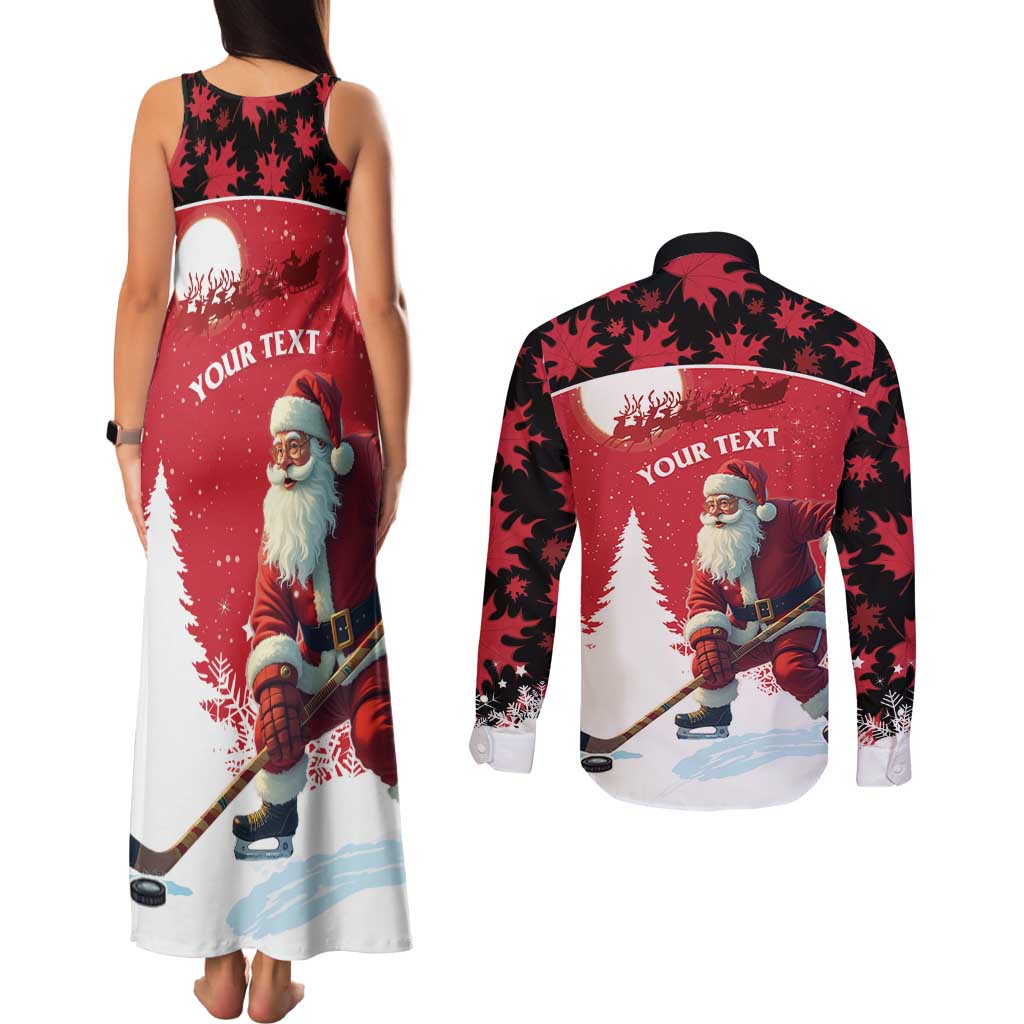 Personalized Canada Christmas Couples Matching Tank Maxi Dress and Long Sleeve Button Shirt Santa Claus Hockey Player - Maple Leaves Pattern - Wonder Print Shop