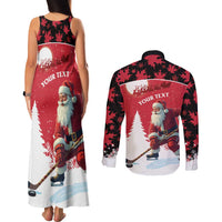 Personalized Canada Christmas Couples Matching Tank Maxi Dress and Long Sleeve Button Shirt Santa Claus Hockey Player - Maple Leaves Pattern - Wonder Print Shop