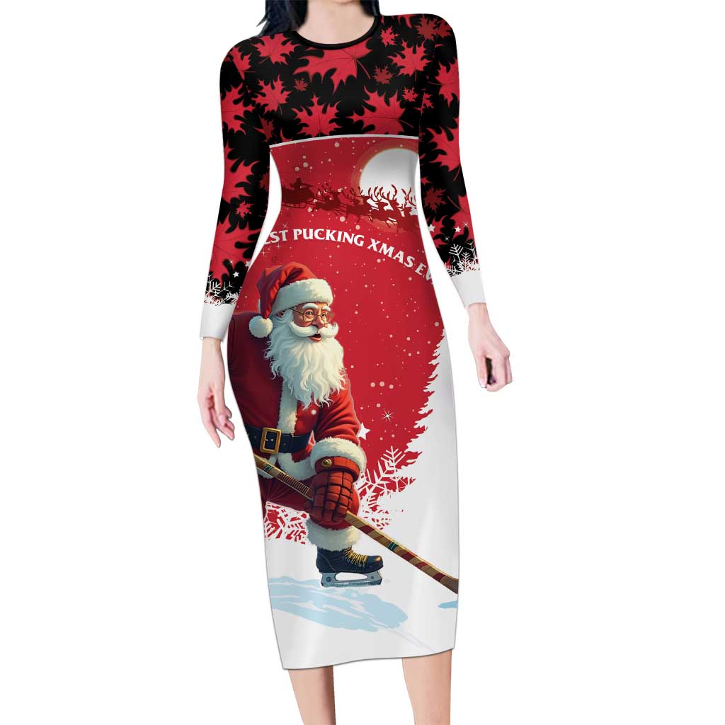 Personalized Canada Christmas Family Matching Long Sleeve Bodycon Dress and Hawaiian Shirt Santa Claus Hockey Player - Maple Leaves Pattern - Wonder Print Shop