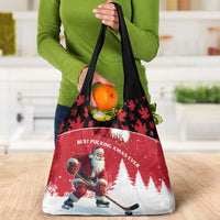 Canada Christmas Grocery Bag Santa Claus Hockey Player - Maple Leaves Pattern