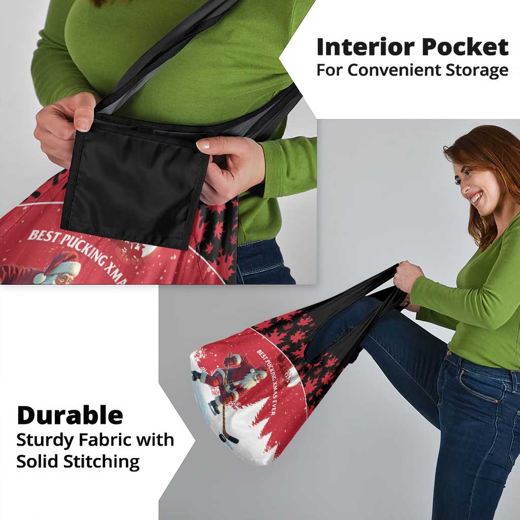 Canada Christmas Grocery Bag Santa Claus Hockey Player - Maple Leaves Pattern