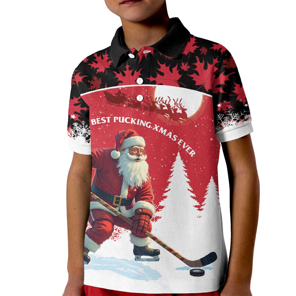 Personalized Canada Christmas Kid Polo Shirt Santa Claus Hockey Player - Maple Leaves Pattern - Wonder Print Shop