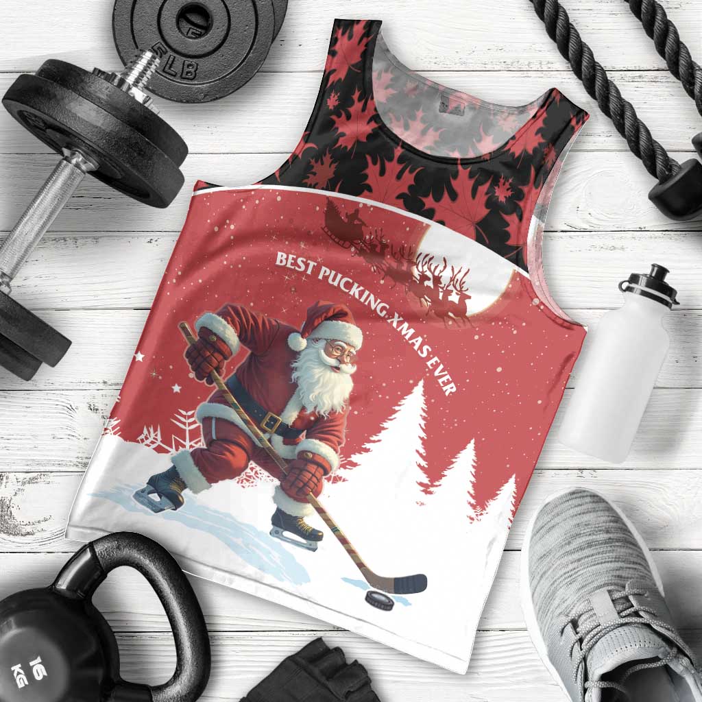 Personalized Canada Christmas Men Tank Top Santa Claus Hockey Player - Maple Leaves Pattern - Wonder Print Shop