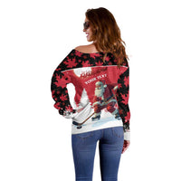 Personalized Canada Christmas Off Shoulder Sweater Santa Claus Hockey Player - Maple Leaves Pattern - Wonder Print Shop
