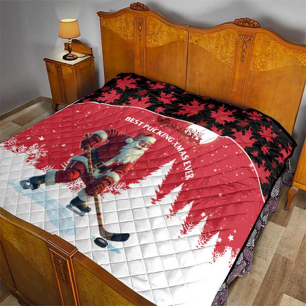Canada Christmas Quilt Santa Claus Hockey Player - Maple Leaves Pattern - Wonder Print Shop