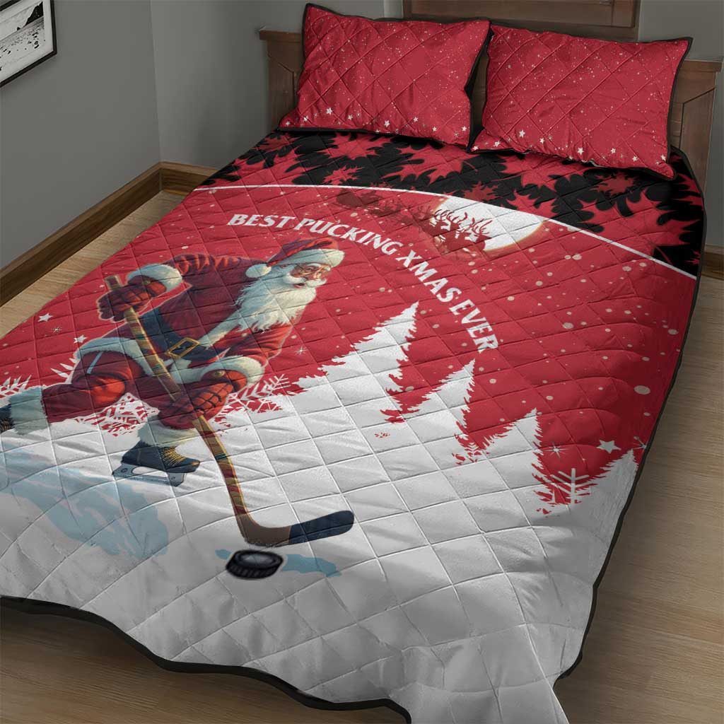 Canada Christmas Quilt Bed Set Santa Claus Hockey Player - Maple Leaves Pattern - Wonder Print Shop