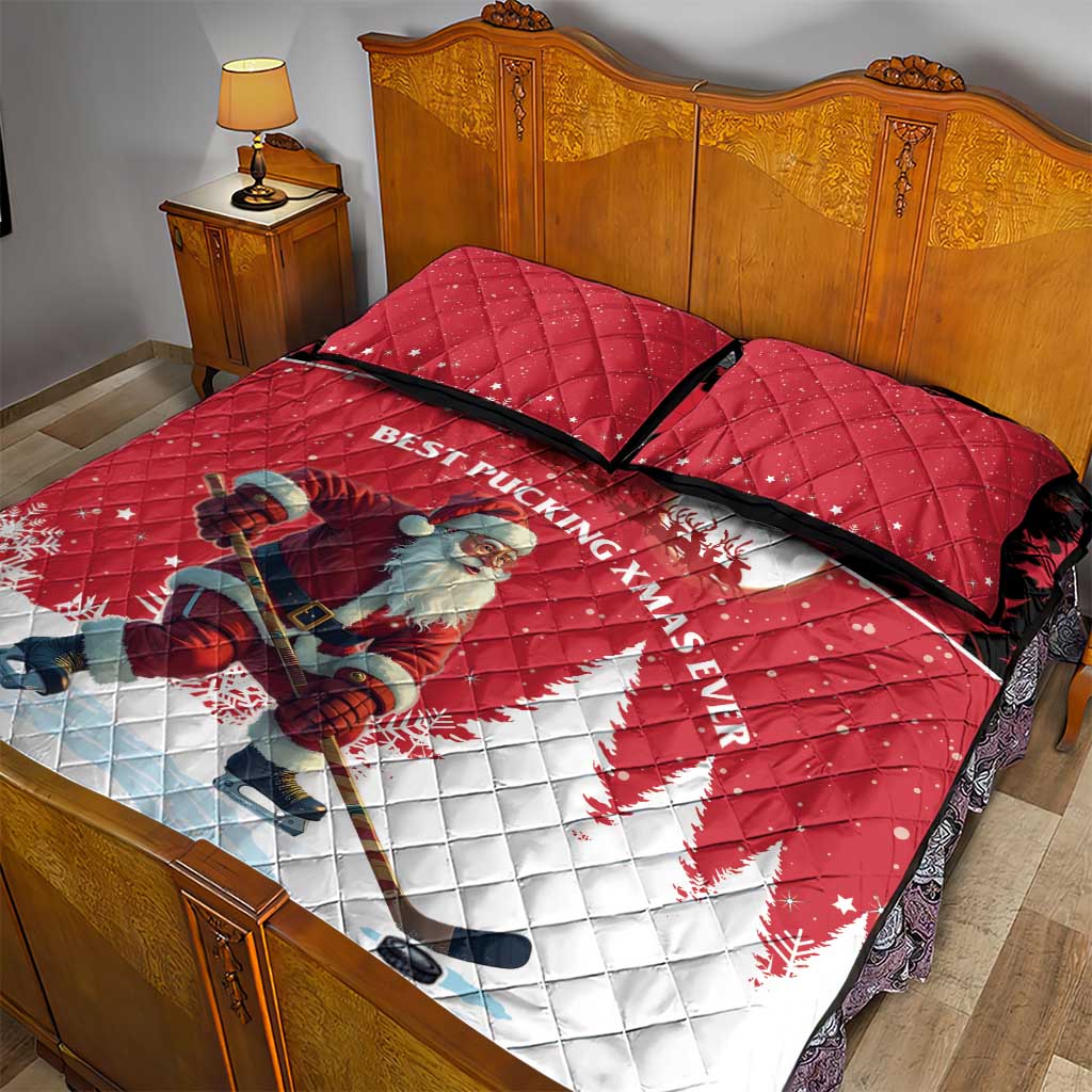 Canada Christmas Quilt Bed Set Santa Claus Hockey Player - Maple Leaves Pattern - Wonder Print Shop