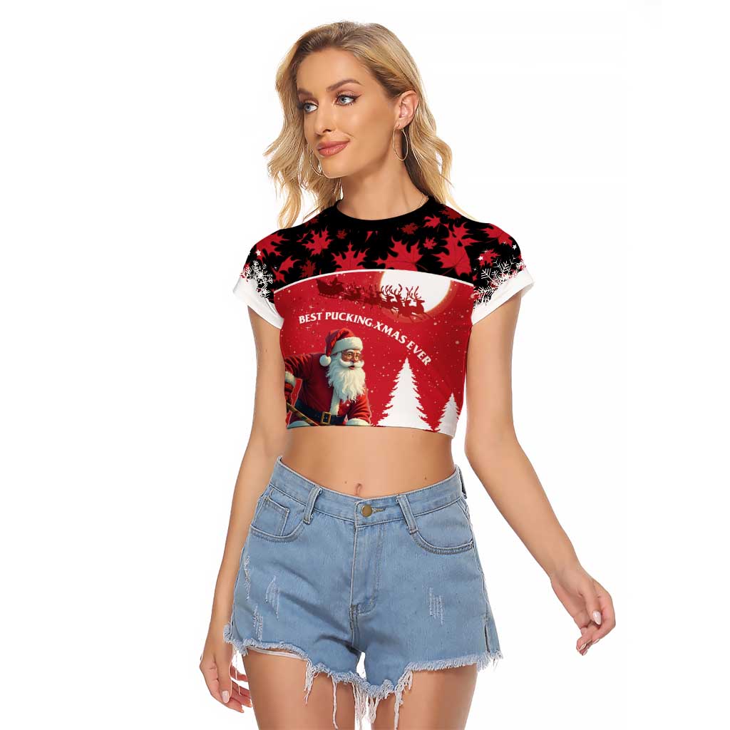 Personalized Canada Christmas Raglan Cropped T Shirt Santa Claus Hockey Player - Maple Leaves Pattern - Wonder Print Shop