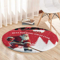 Canada Christmas Round Carpet Santa Claus Hockey Player - Maple Leaves Pattern