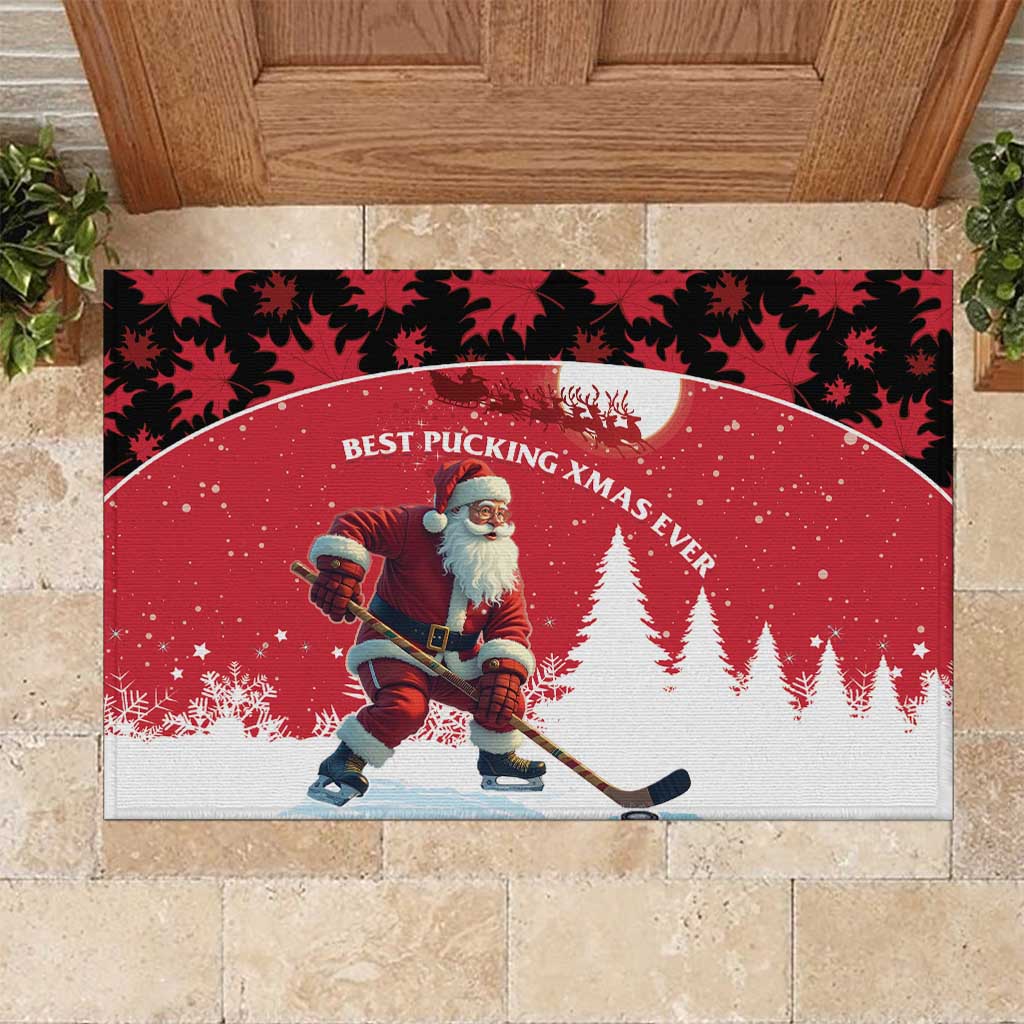 Canada Christmas Rubber Doormat Santa Claus Hockey Player - Maple Leaves Pattern - Wonder Print Shop
