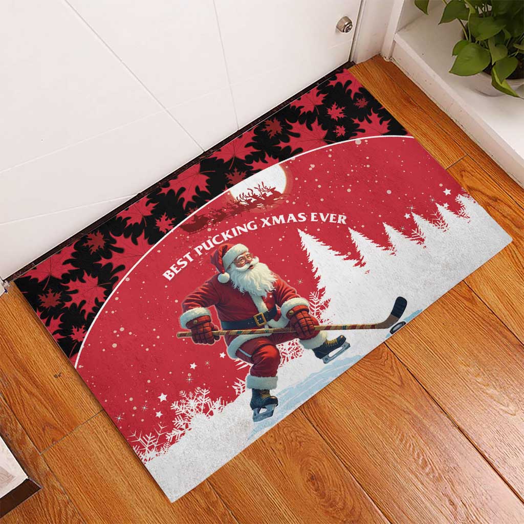 Canada Christmas Rubber Doormat Santa Claus Hockey Player - Maple Leaves Pattern - Wonder Print Shop