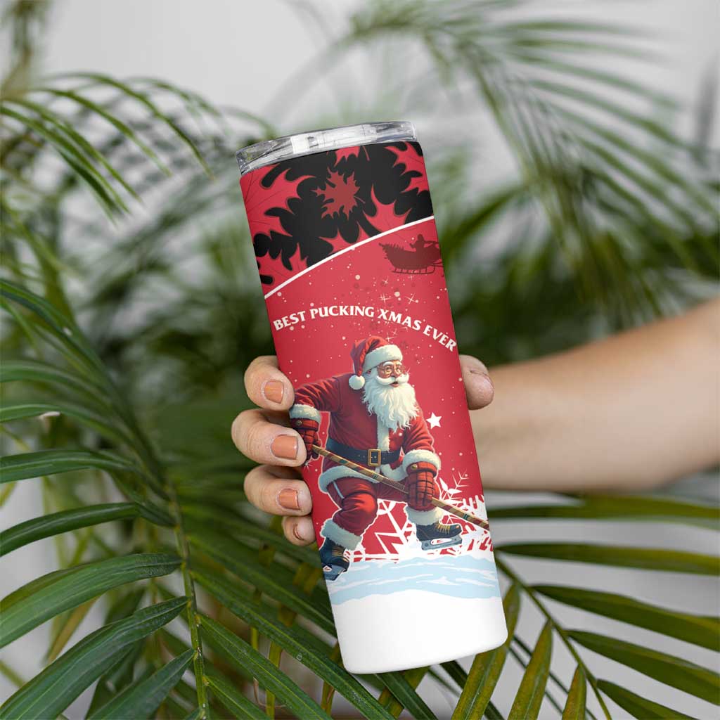 Personalized Canada Christmas Skinny Tumbler Santa Claus Hockey Player - Maple Leaves Pattern - Wonder Print Shop