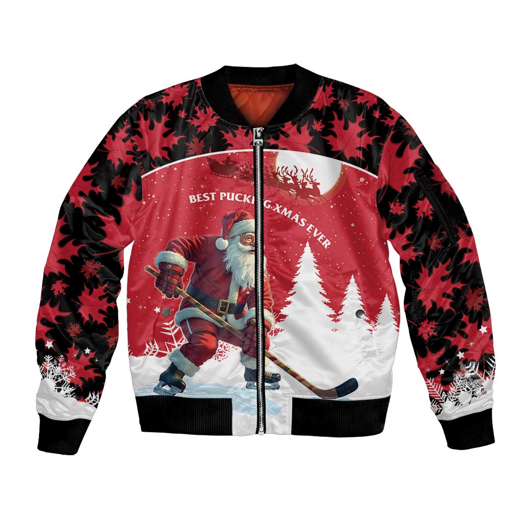 Personalized Canada Christmas Sleeve Zip Bomber Jacket Santa Claus Hockey Player - Maple Leaves Pattern - Wonder Print Shop