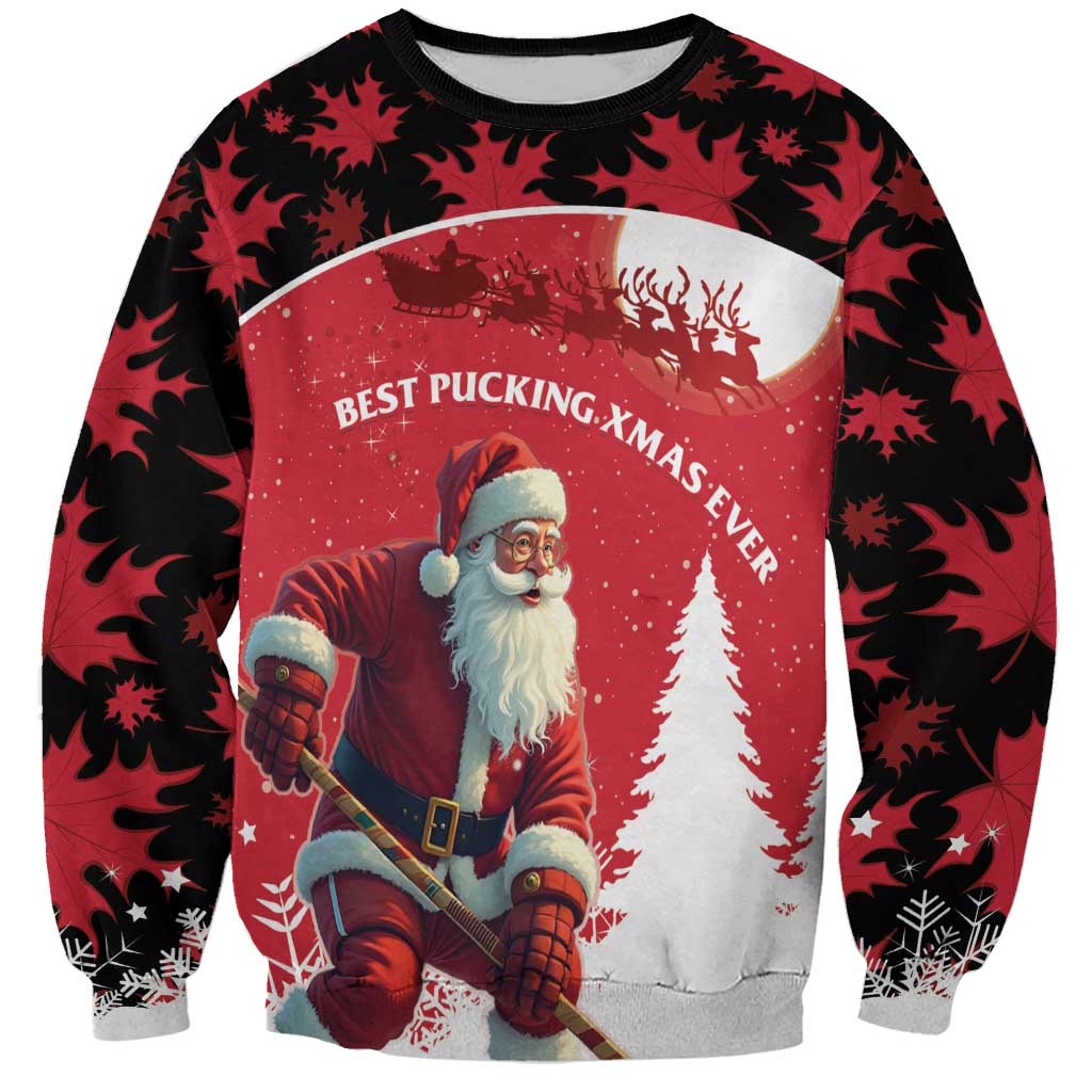 Personalized Canada Christmas Sweatshirt Santa Claus Hockey Player - Maple Leaves Pattern - Wonder Print Shop