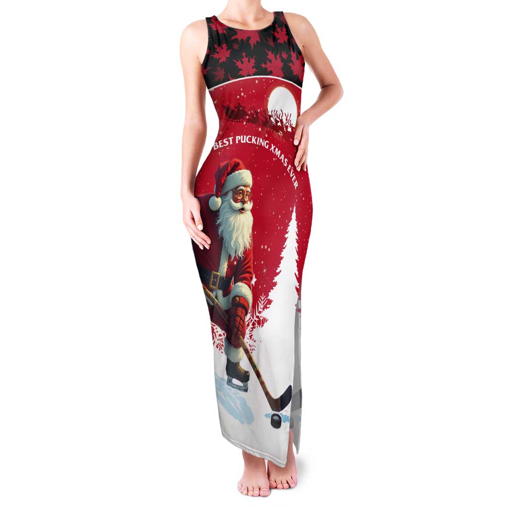 Personalized Canada Christmas Tank Maxi Dress Santa Claus Hockey Player - Maple Leaves Pattern - Wonder Print Shop