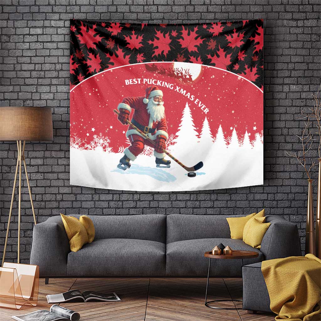 Canada Christmas Tapestry Santa Claus Hockey Player - Maple Leaves Pattern - Wonder Print Shop
