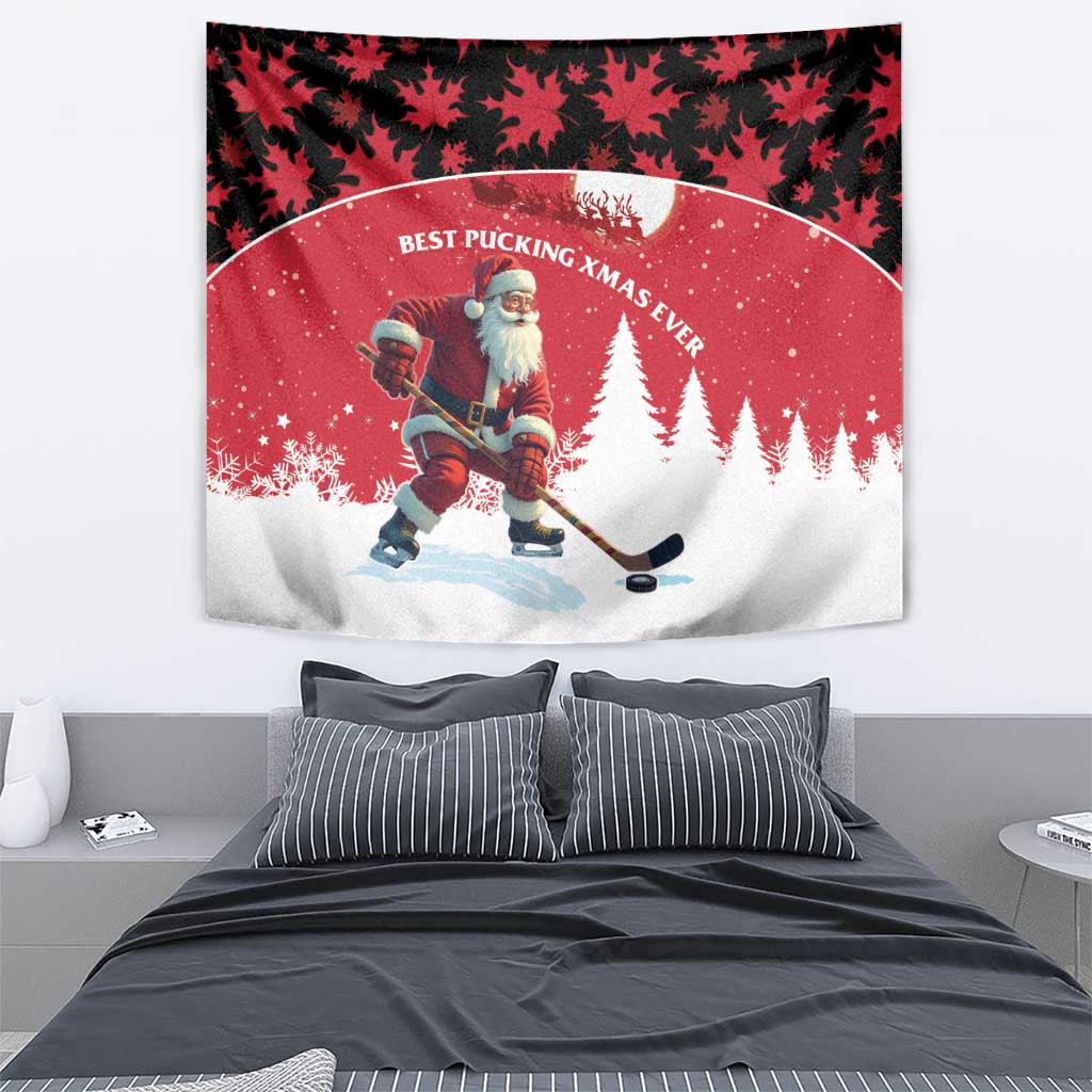 Canada Christmas Tapestry Santa Claus Hockey Player - Maple Leaves Pattern - Wonder Print Shop