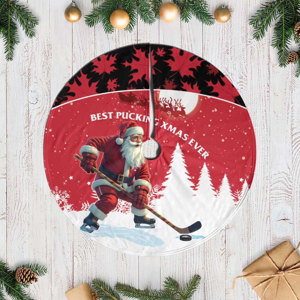 Personalized Canada Christmas Tree Skirt Santa Claus Hockey Player - Maple Leaves Pattern - Wonder Print Shop