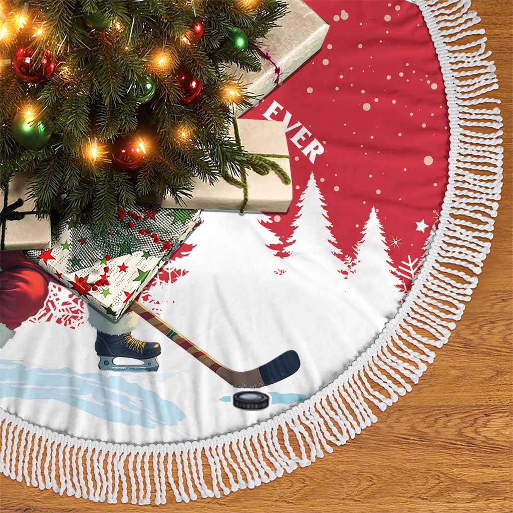 Personalized Canada Christmas Tree Skirt Santa Claus Hockey Player - Maple Leaves Pattern - Wonder Print Shop