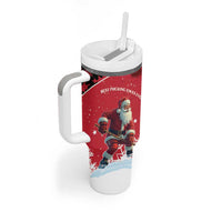Personalized Canada Christmas Tumbler With Handle Santa Claus Hockey Player - Maple Leaves Pattern - Wonder Print Shop
